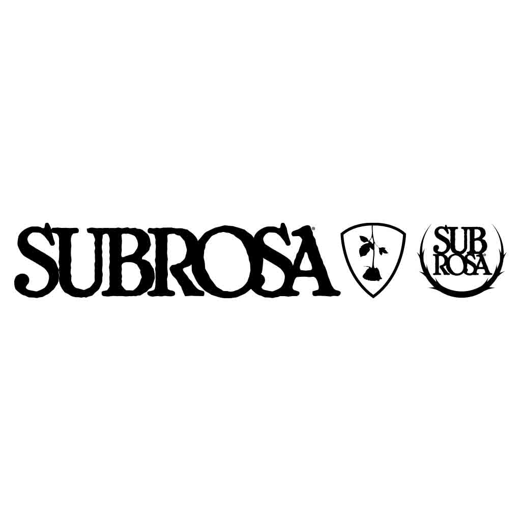 Subrosa BMX logo in black with 2 logomarks with inverted rose