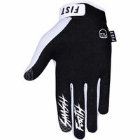 Photograph of the palm of the Fist Stocker Panda glove featuring the words SMASH printed on the Index finger and FORTH printed on the middle finger. Photographed on a white background.