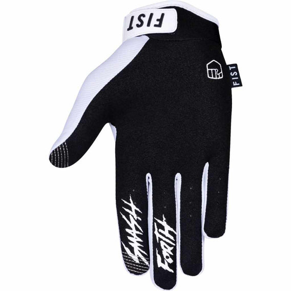 Photograph of the palm of the Fist Stocker Panda glove featuring the words SMASH printed on the Index finger and FORTH printed on the middle finger. Photographed on a white background.