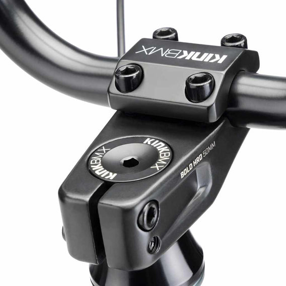 Close up of Kink Bold HRD top load stem built up on a slate grey Kink Whip BMX bike