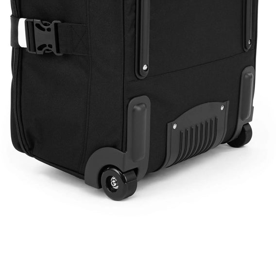 Black suitcase with wheels on a white background
