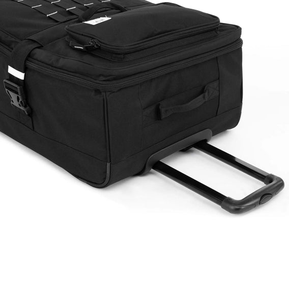 Black rolling suitcase on a white background