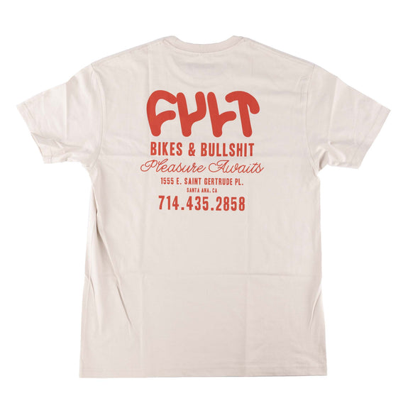 Beige t-shirt with red text on the back on a white background