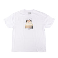 White t-shirt with graphic design and text on a white background