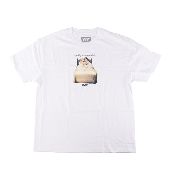 White t-shirt with graphic design and text on a white background