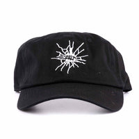 Black cap with white logo on a white background