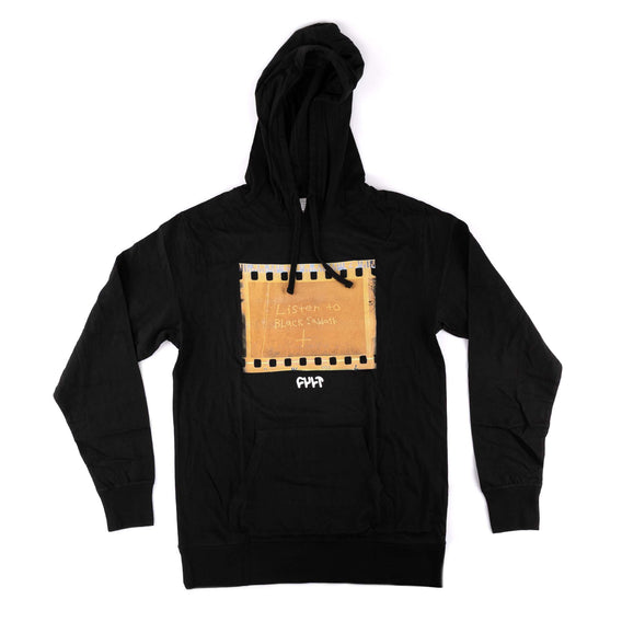 Black hoodie with a graphic design on a white background