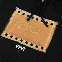 Black hoodie with a cardboard cutout design and text 'Listen to Black Sabbath' on a black background