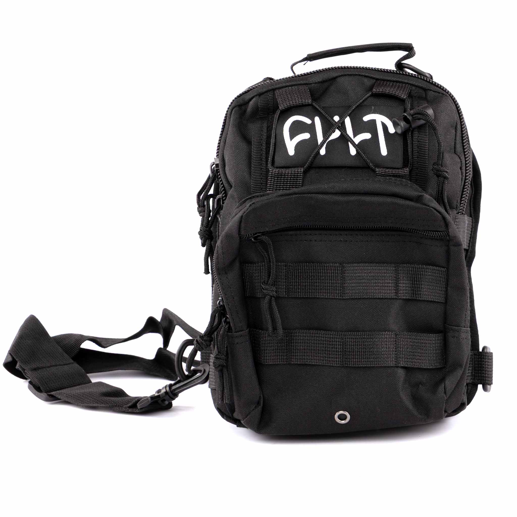 Black tactical backpack with visible branding on a white background