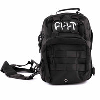 Black tactical backpack with visible branding on a white background