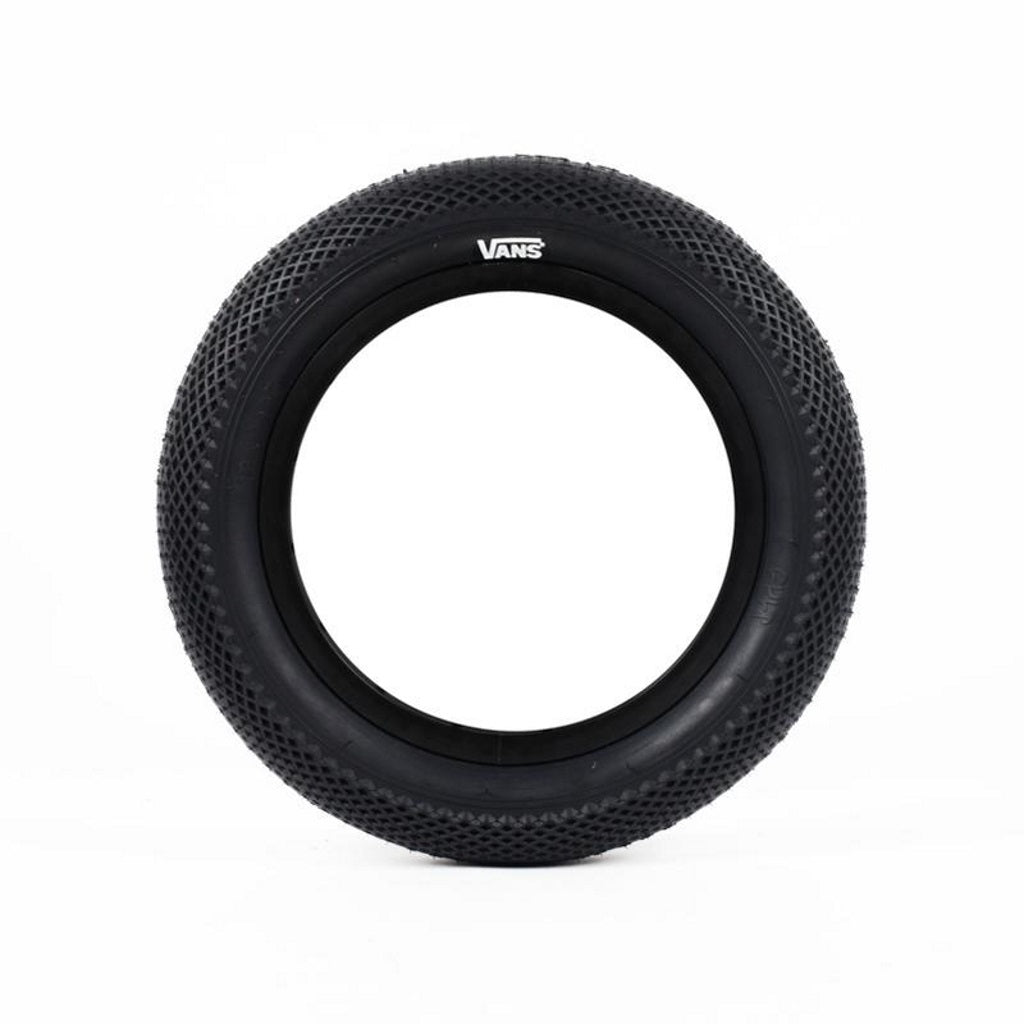 Cult Vans tyre in all black for 14" BMX bikes. The design of the tyre is based off the iconic sole of the Vans shoes