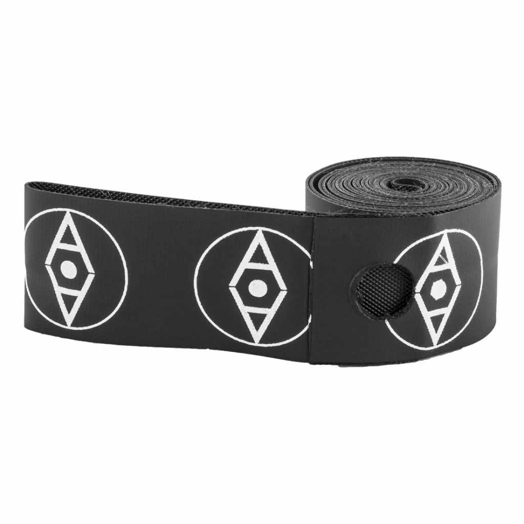 Alienation 20" BMX rim tape in black rolled up and photographed on a black background