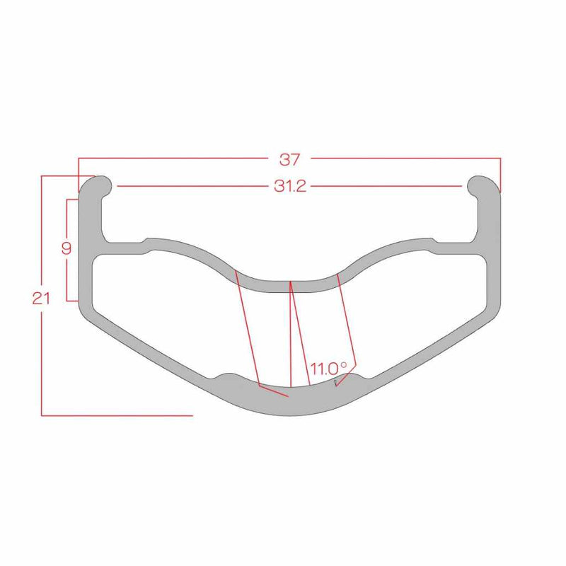 Technical drawing of a cross section of the Alienation Vandal BMX rim with dimensions