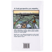 Cartoon illustration of a giraffe in an urban setting with text about empathy. | Ban the fan back cover