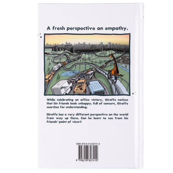 Cartoon illustration of a giraffe in an urban setting with text about empathy. | Ban the fan back cover