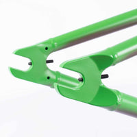 Close up photo of the dropouts on the Cult Biggie AK frame in green on a white background