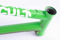 Close up of headtube and top and down tubes of the Cult Biggie AK frame on a white background