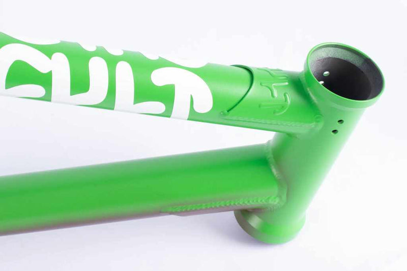 Close up of headtube and top and down tubes of the Cult Biggie AK frame on a white background