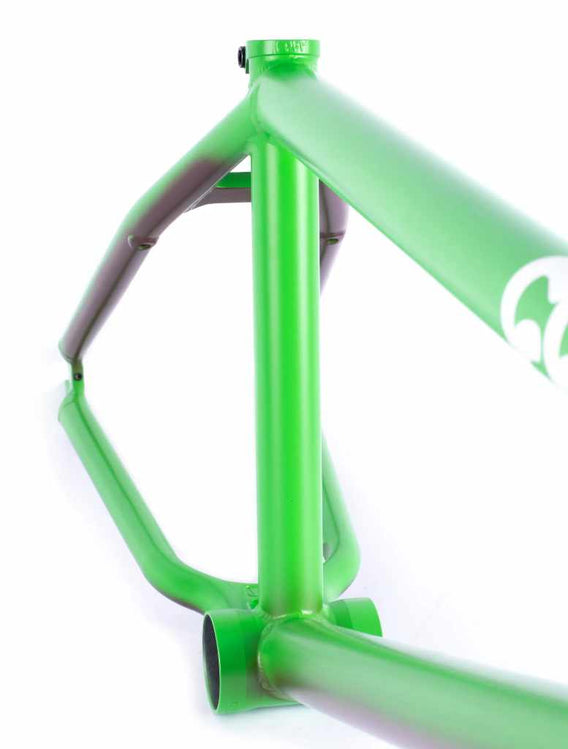 Closeup of the rear triangle of the Cult Biggie AK frame in green on a white background