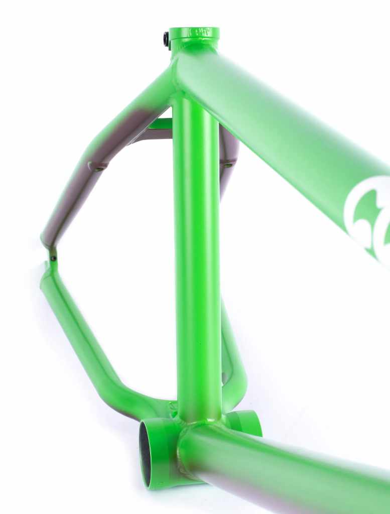 Closeup of the rear triangle of the Cult Biggie AK frame in green on a white background