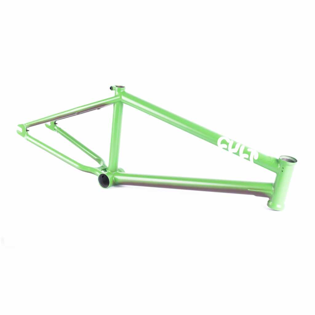 Side view of Cult AK Biggie frame in green and brown on a white background
