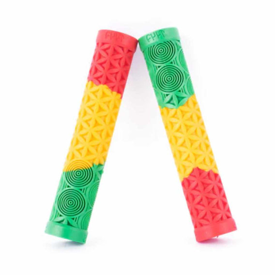 Cult Alex Kennedy signature BMX grips in Rasta colours on a white background
