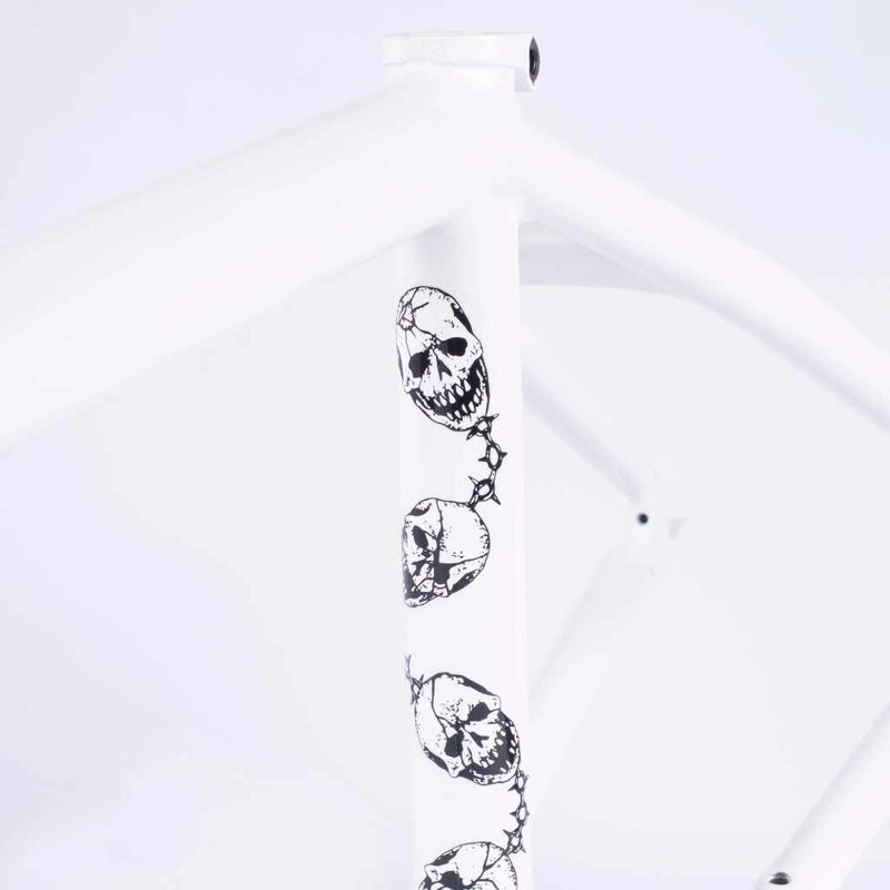 Cult BMX Corey Walsh white frame, close up of the seat tube graphic with tattoo style skulls