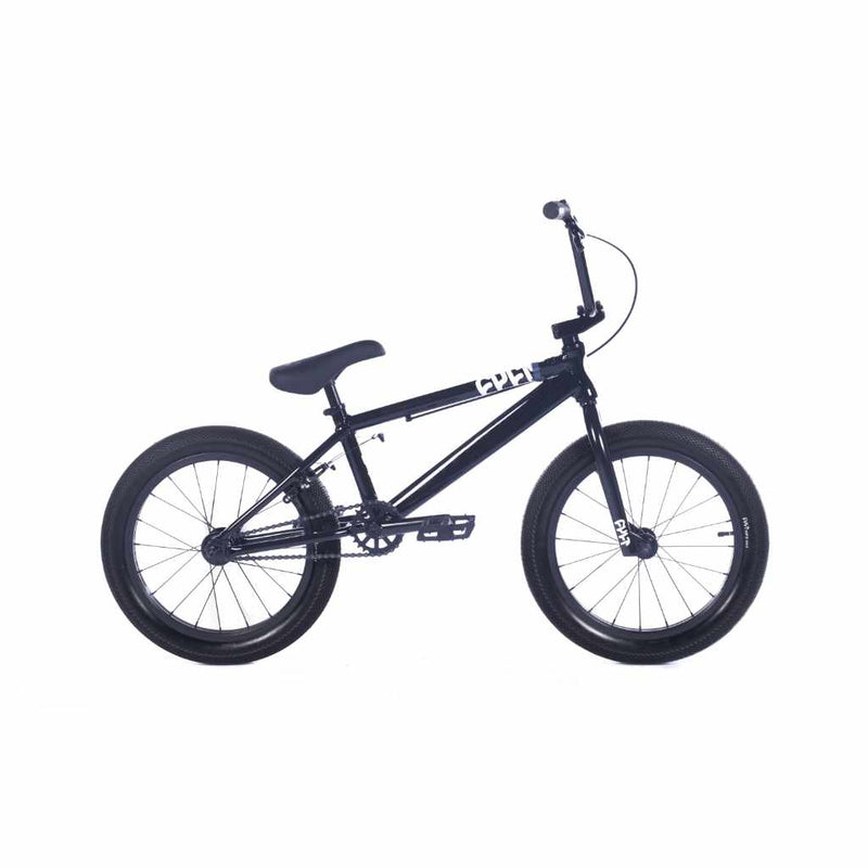 Side view of the Cult BMX Juvenile 18" complete bike in all black photographed on a white background