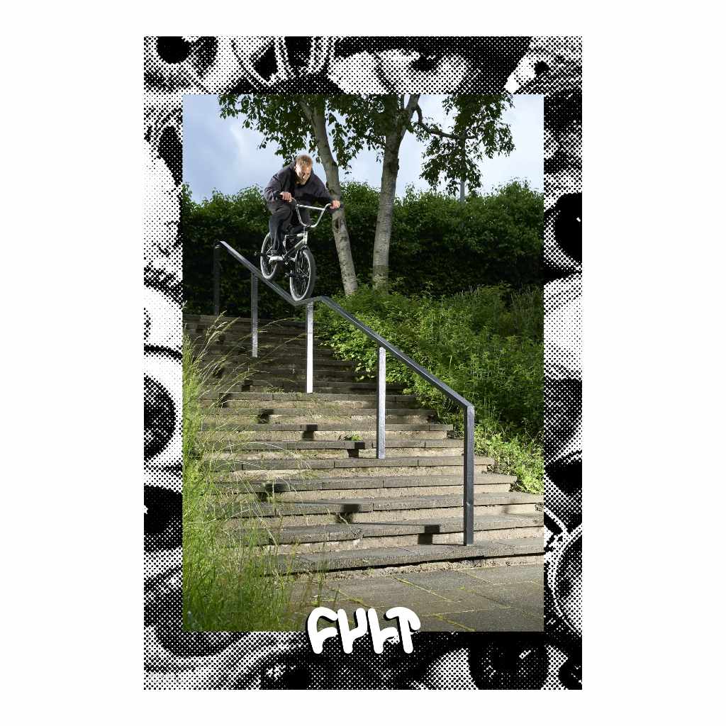 Poster of Cult Pro rider Killian Roth doing a rail ride taken on a white background