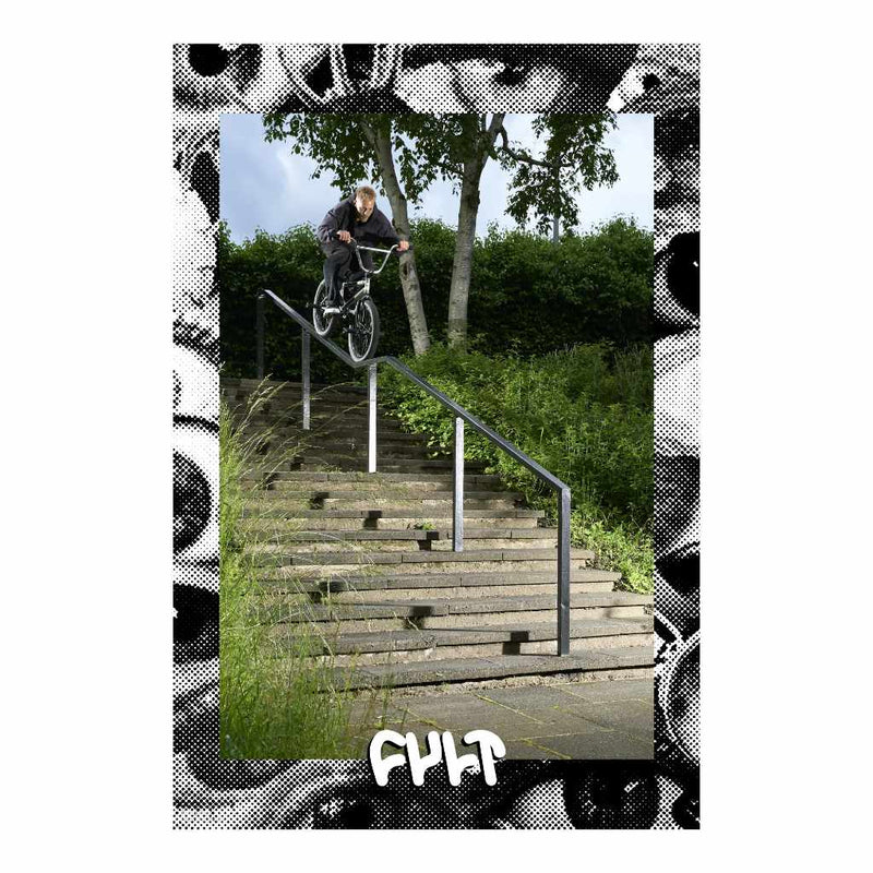 Poster of Cult Pro rider Killian Roth doing a rail ride taken on a white background