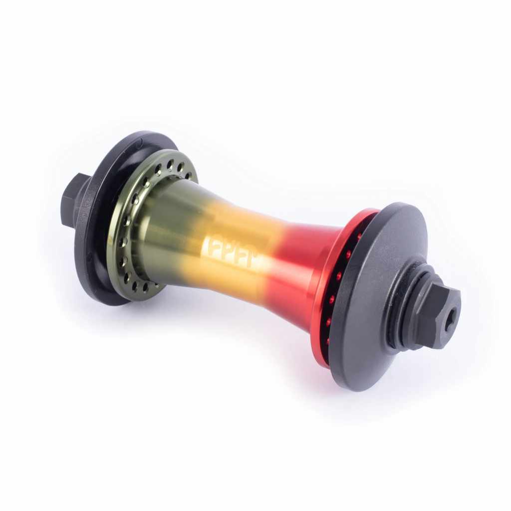 Side view of Cult Crew front hub in Rasta colours on white background