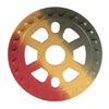 Rear view of Cult Dak Guard sprocket in anodised Rasta colourway on white background