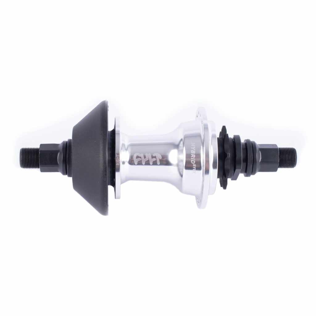 Cult Hybrid LHD rear hub in Silver on a white background