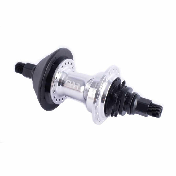 Angled view of Cult Hybrid RHD rear hub in silver on a white background