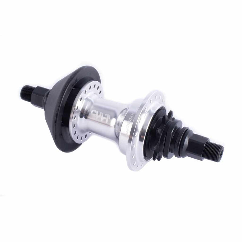 Angled view of Cult Hybrid RHD rear hub in silver on a white background