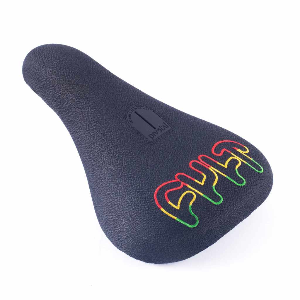 Cult Black Pivotal seat with the Cult logo embroidered in Rasta colours on a white background