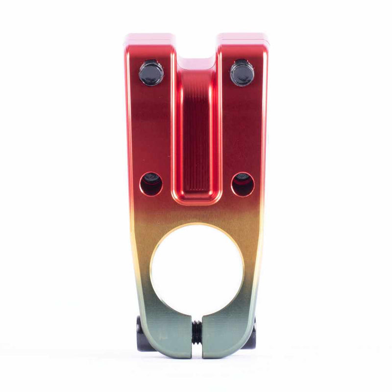 Bottom view of Cult Redemption top load stem in Rasta colourway on a white background