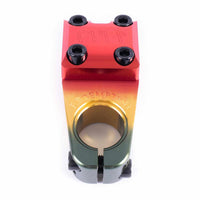 Top view of Cult Redemption top load stem in Rasta colourway on a white background