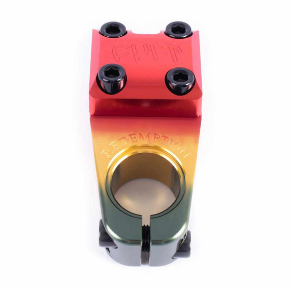 Top view of Cult Redemption top load stem in Rasta colourway on a white background
