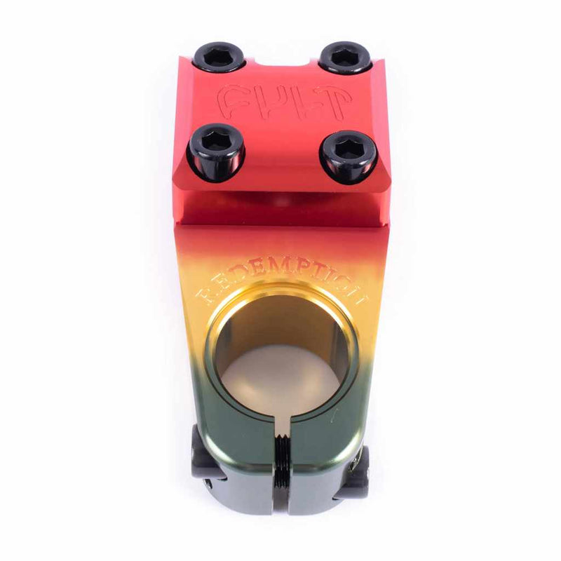 Top view of Cult Redemption top load stem in Rasta colourway on a white background