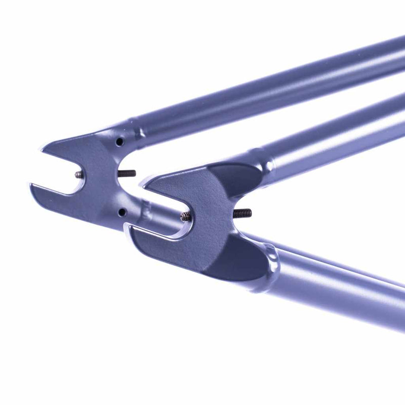 Close up of the investment cast dropouts on the Cult Shorty frame in Blue on a white background