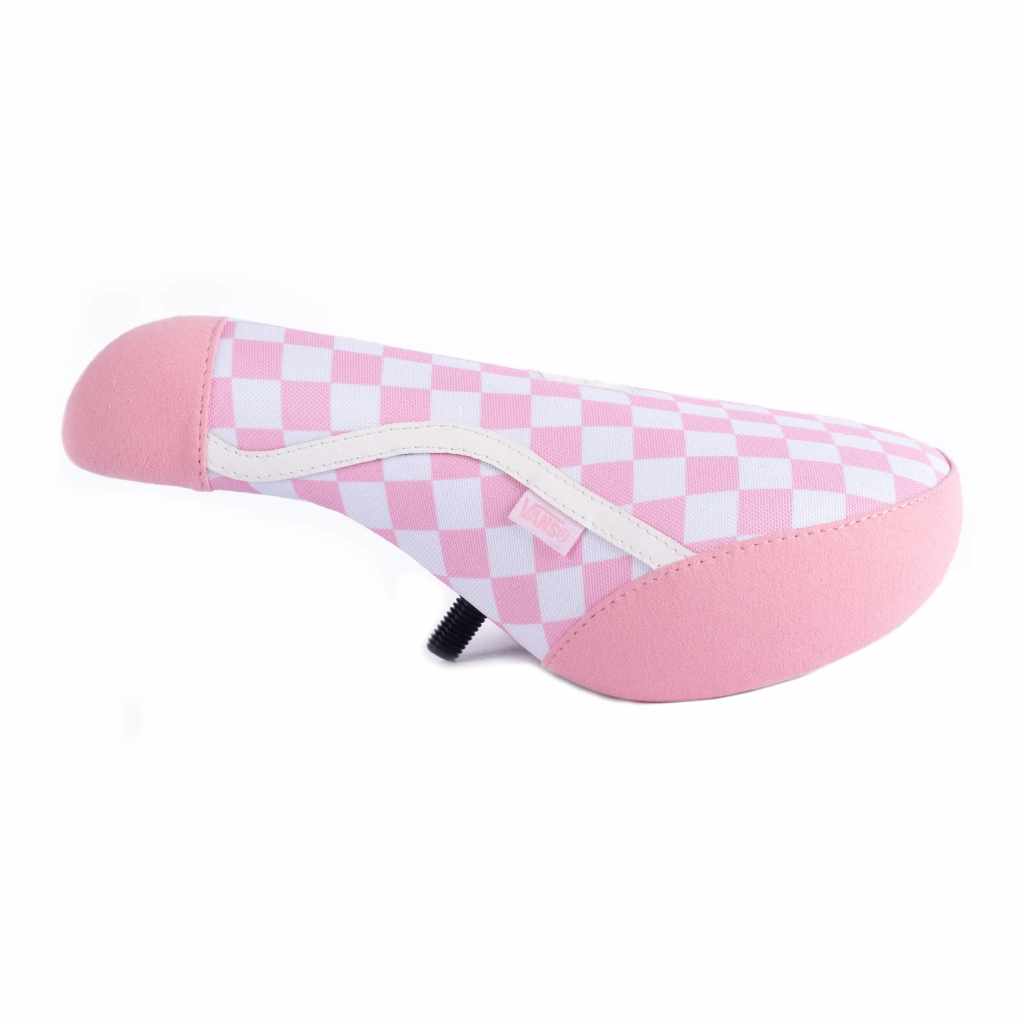 Cult x Vans Pink and white checkered Pivotal BMX seat on a white background