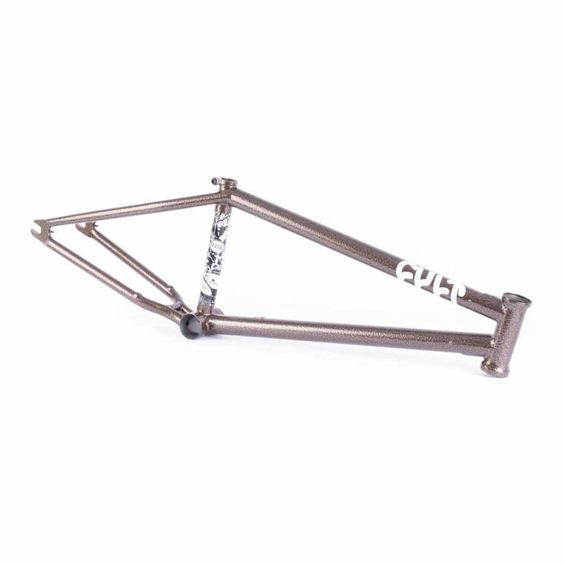 Bicycle frame with 'Cult' branding on a white background