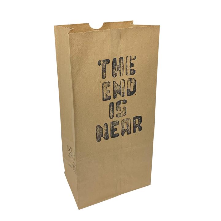 Cult Barf paper bag with The end is near printed on the side