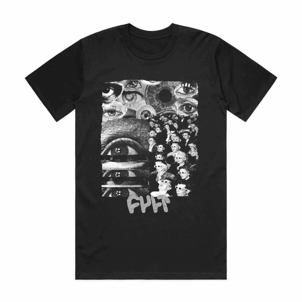 Photo showing the front of the Cult T-shirt which features a black and white 'brainwashed' print with a repeating pattern of eyes and faces with the Cult logo at the bottom.