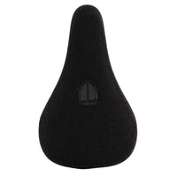 Black bicycle seat with a brand logo on a white background
