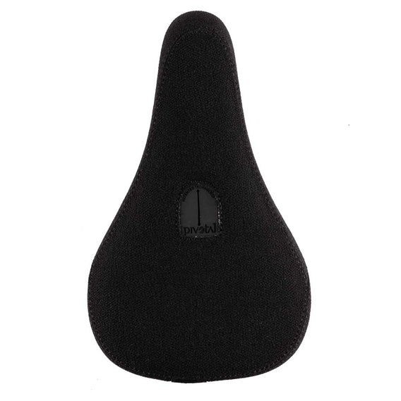 Black bicycle seat with a brand logo on a white background