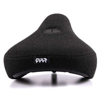 Black bicycle seat with 'Cult' branding on a white background