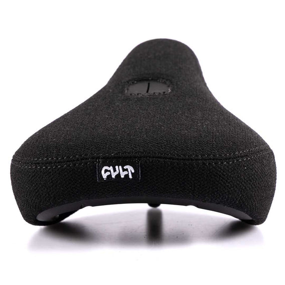 Black bicycle seat with 'Cult' branding on a white background