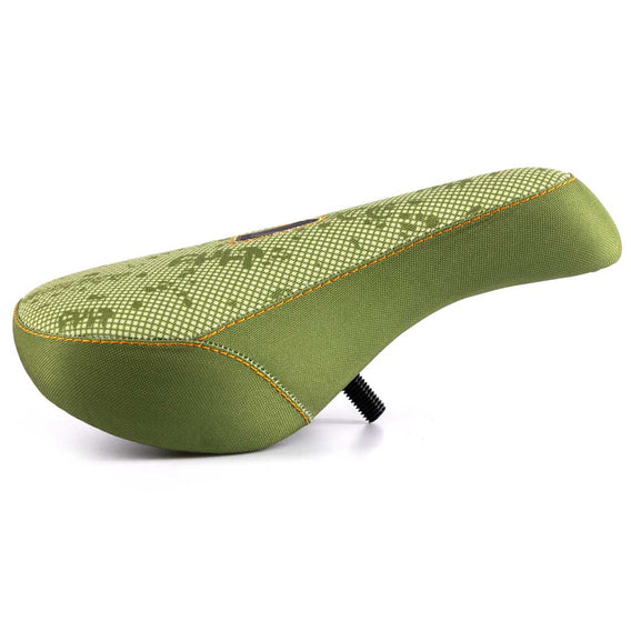 Green bicycle seat with pattern on a white background